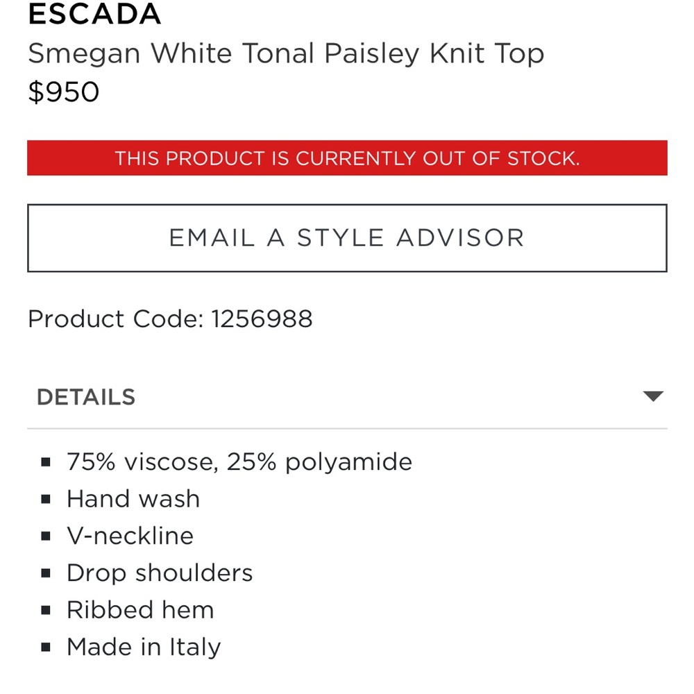 escada Smegan White Tonal Paisley Top- drop shoulder - Picture 3 of 6